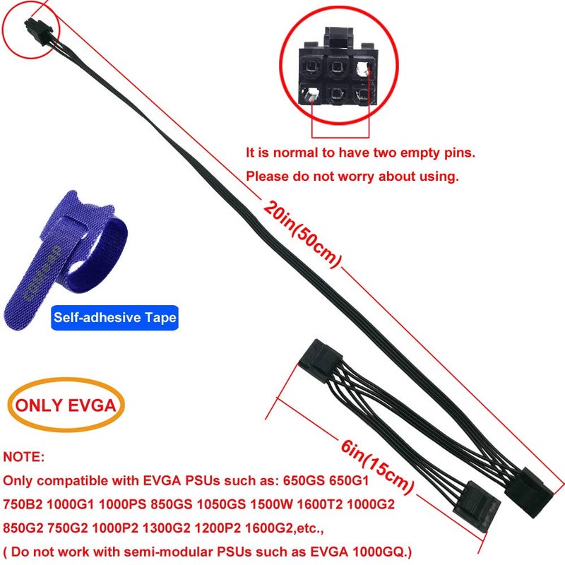 COMeap كابل طاقة COMeap Molex لوحدات EVGA، محول مقسم 6 دبابيس إلى 3X 4 دبابيس لمشغل الأقراص الصلبة لبعض أنواع وحدات الطاقة EVGA 20-in(50cm) - Image 2